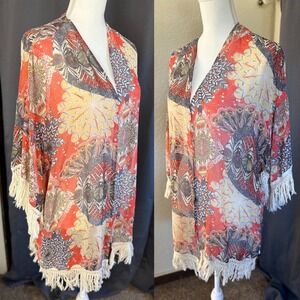 Daniel Rainn Womens Red Yellow Feather Print Fringe Kimono Wrap XS/S